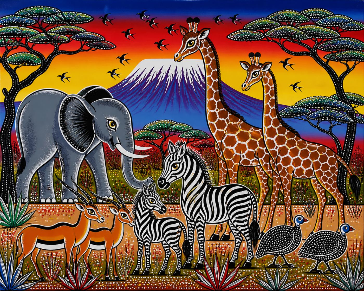 Colorful Tingatinga wildlife art for Swahili culture notes