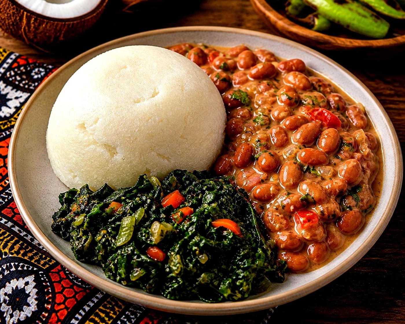 Ugali with beans and leafy greens
