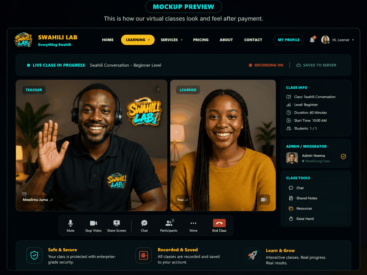 Mockup preview of the Swahili Lab virtual classroom