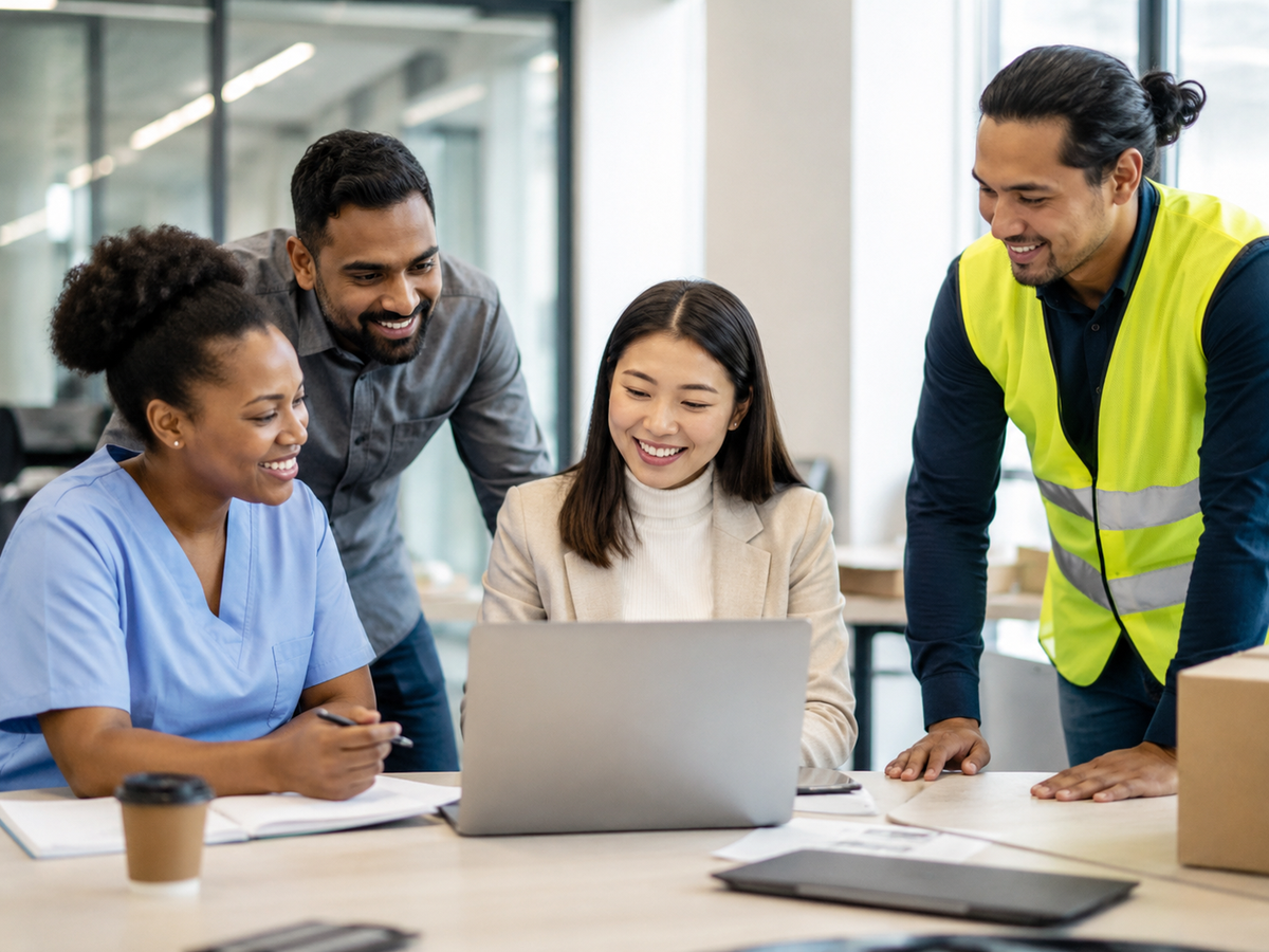 A diverse team reviewing staffing needs